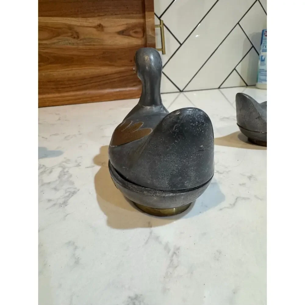 vintage pewter brass duck trinket boxes made in Hong Kong cabin rustic MCM